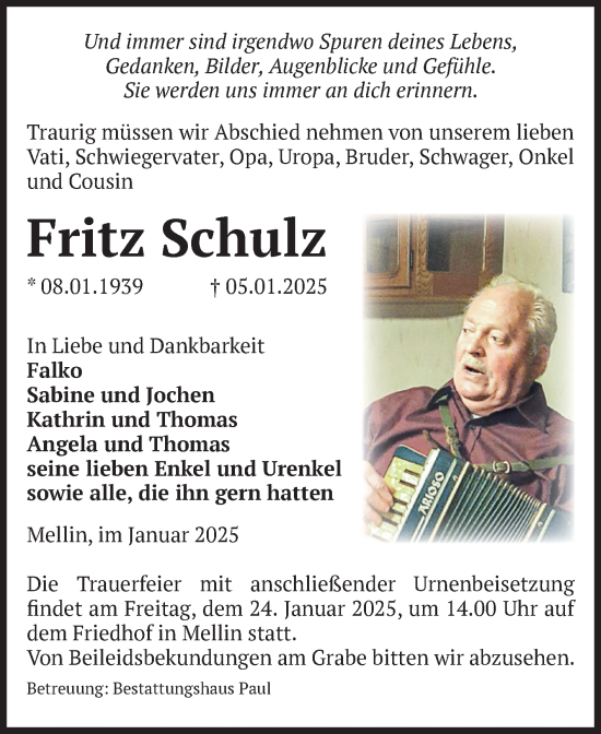 Traueranzeige von Fritz Schulz von Volksstimme Altmark West