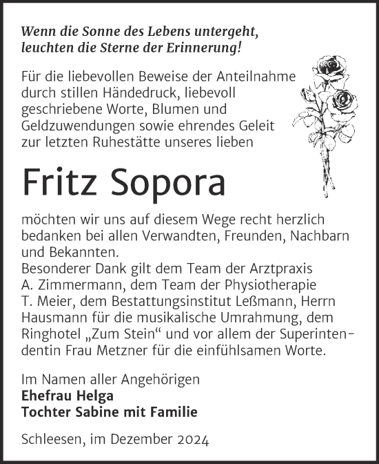 Traueranzeige von Fritz Sopora von Trauerkombi Wittenberg