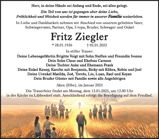 Traueranzeige von Fritz Ziegler von Trauerkombi Köthen