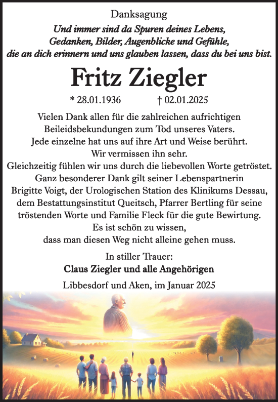 Traueranzeige von Fritz Ziegler von Trauerkombi Köthen