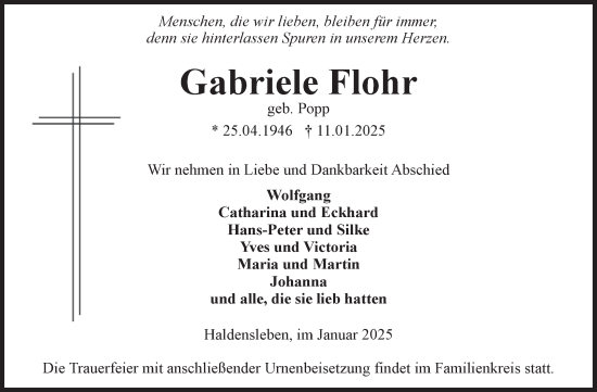 Traueranzeige von Gabriele Flohr von Volksstimme Haldensleben/Wolmirstedt