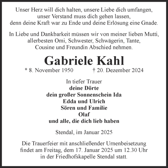 Traueranzeige von Gabriele Kahl von Volksstimme Altmark Ost