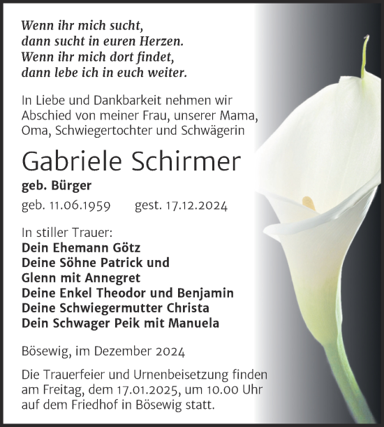 Traueranzeige von Gabriele Schirmer von Trauerkombi Wittenberg