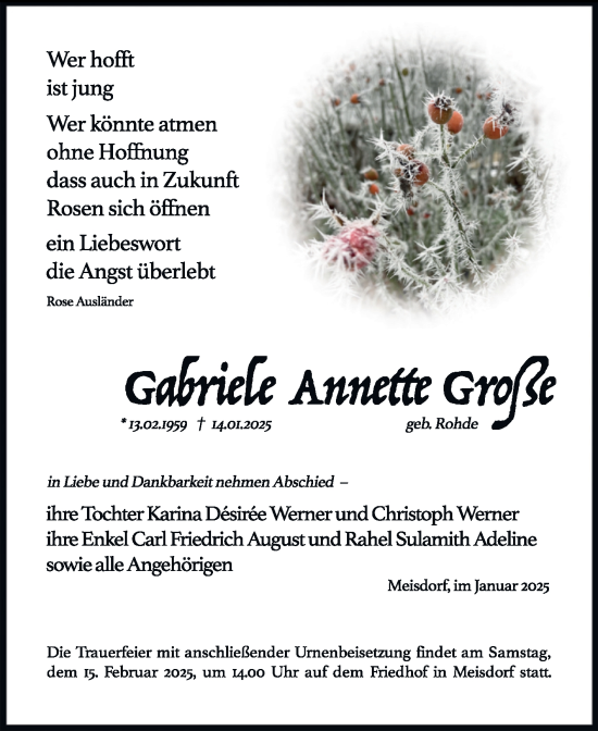 Traueranzeige von Gabriele Annette Große von Trauerkombi Quedlinburg