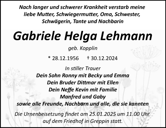 Traueranzeige von Gabriele Helga Lehmann von Trauerkombi Bitterfeld