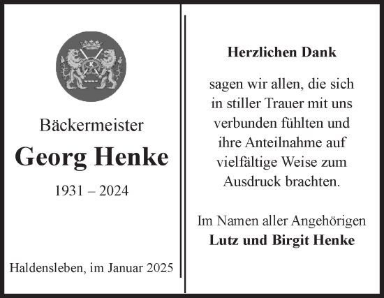 Traueranzeige von Georg Henke von Volksstimme Haldensleben/Wolmirstedt