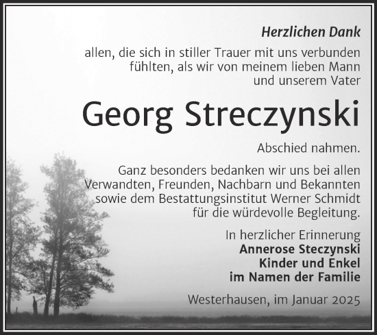 Traueranzeige von Georg Streczynski von Trauerkombi Quedlinburg
