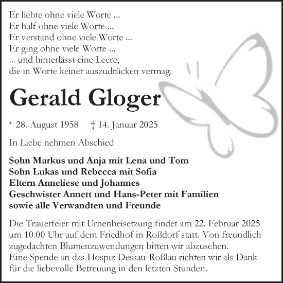 Traueranzeige von Gerald Gloger von Trauerkombi Bitterfeld
