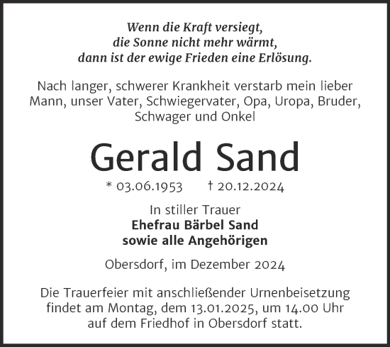 Traueranzeige von Gerald Sand von Trauerkombi Sangerhausen