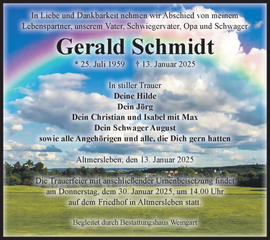 Traueranzeige von Gerald Schmidt von Volksstimme Altmark West