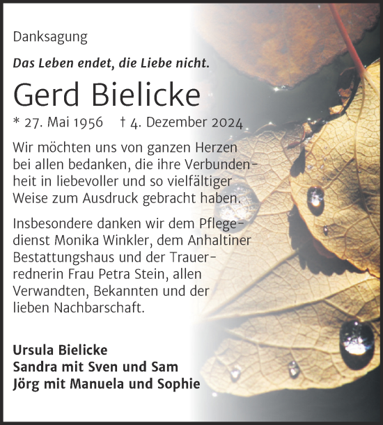 Traueranzeige von Gerd Bielicke von Trauerkombi Dessau