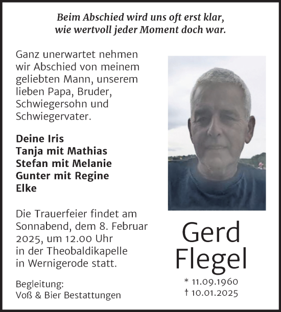 Traueranzeige von Gerd Flegel von Super Sonntag Quedlingburg