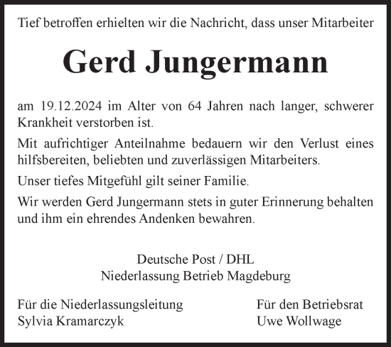 Traueranzeige von Gerd Jungermann von Volksstimme Oschersleben/Wanzleben
