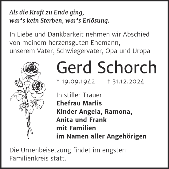 Traueranzeige von Gerd Schorch von Trauerkombi Bernburg