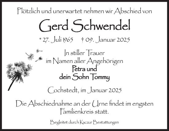Traueranzeige von Gerd Schwendel von Volksstimme Staßfurt
