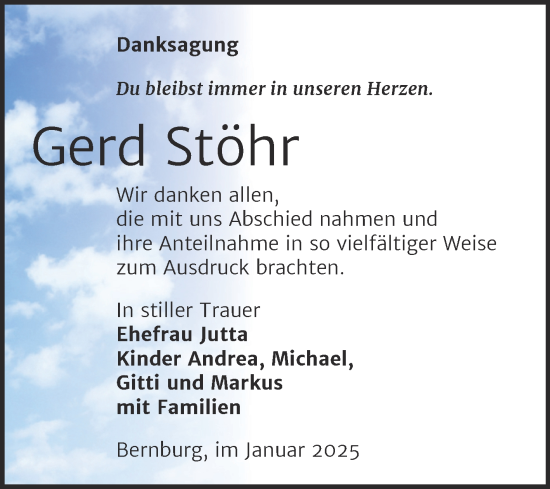 Traueranzeige von Gerd Stöhr von Trauerkombi Bernburg