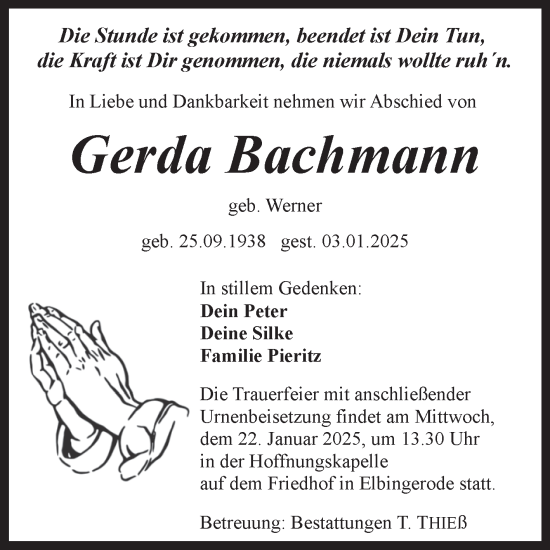 Traueranzeige von Gerda Bachmann von Volksstimme Wernigerode