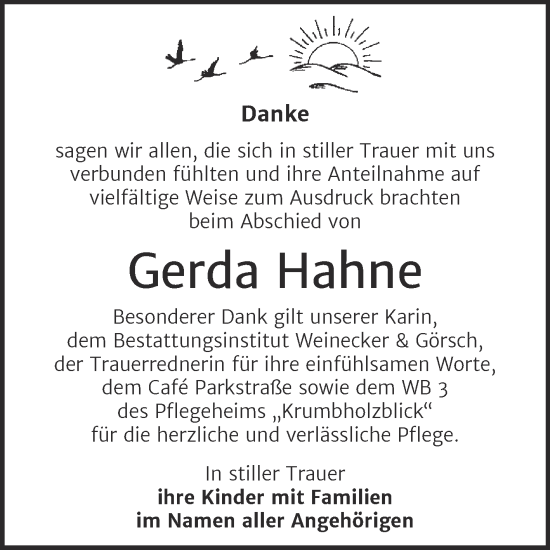 Traueranzeige von Gerda Hahne von Trauerkombi Bernburg