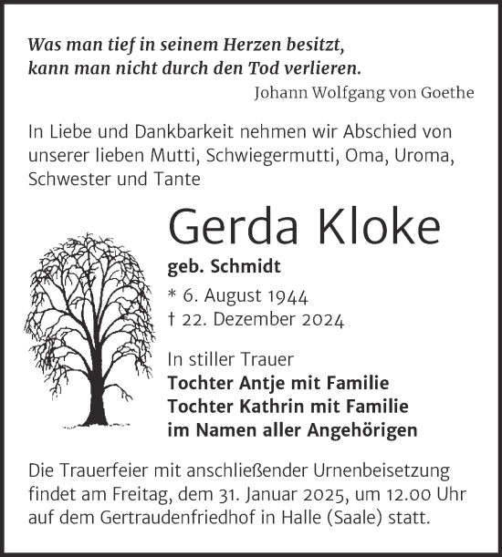 Traueranzeige von Gerda Kloke von Mitteldeutsche Zeitung Halle/Saalkreis