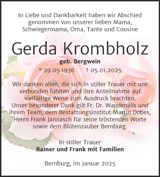 Traueranzeige von Gerda Krombholz von Trauerkombi Bernburg