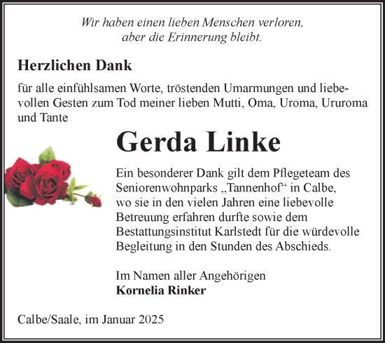 Traueranzeige von Gerda Linke von Volksstimme Schönebeck