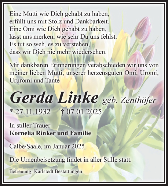 Traueranzeige von Gerda Linke von Volksstimme Schönebeck