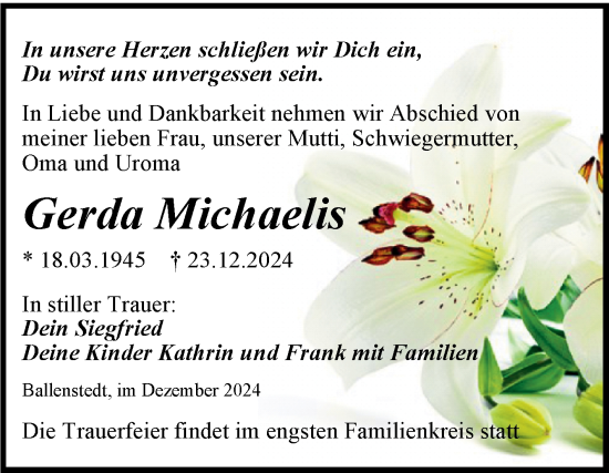 Traueranzeige von Gerda Michaelis von Trauerkombi Quedlinburg