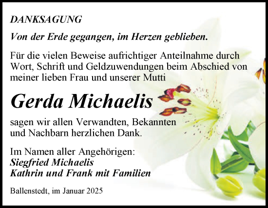 Traueranzeige von Gerda Michaelis von Trauerkombi Quedlinburg