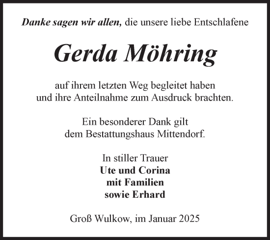 Traueranzeige von Gerda Möhring von Volksstimme Burg/Genthin