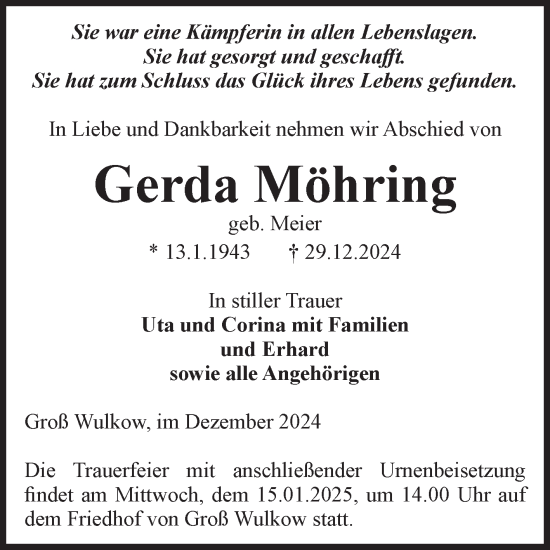 Traueranzeige von Gerda Möhring von Volksstimme Burg/Genthin