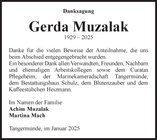 Traueranzeige von Gerda Muzalak von Volksstimme Altmark Ost