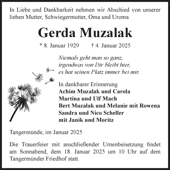 Traueranzeige von Gerda Muzalak von Volksstimme Altmark Ost