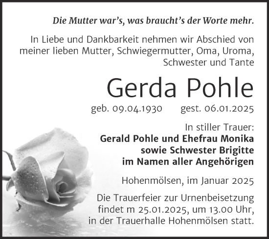 Traueranzeige von Gerda Pohle von Trauerkombi Weißenfels