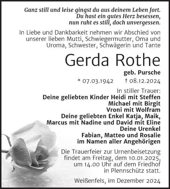 Traueranzeige von Gerda Rothe von Super Sonntag Weißenfels