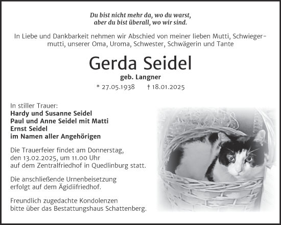 Traueranzeige von Gerda Seidel von Trauerkombi Quedlinburg