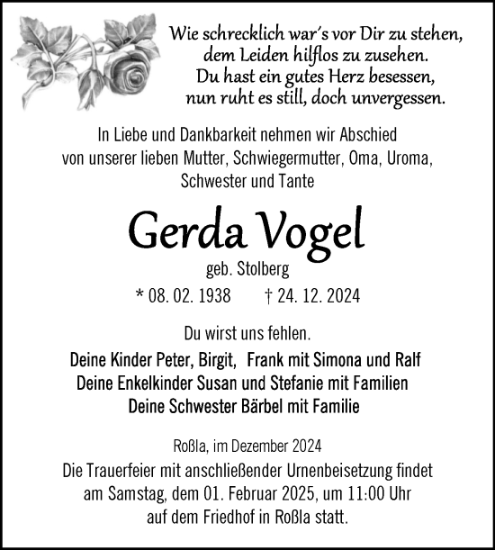 Traueranzeige von Gerda Vogel von Trauerkombi Sangerhausen