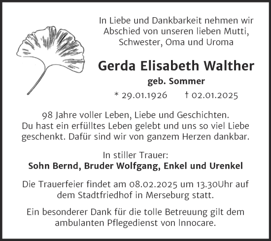 Traueranzeige von Gerda Elisabeth Walther von Trauerkombi Merseburg