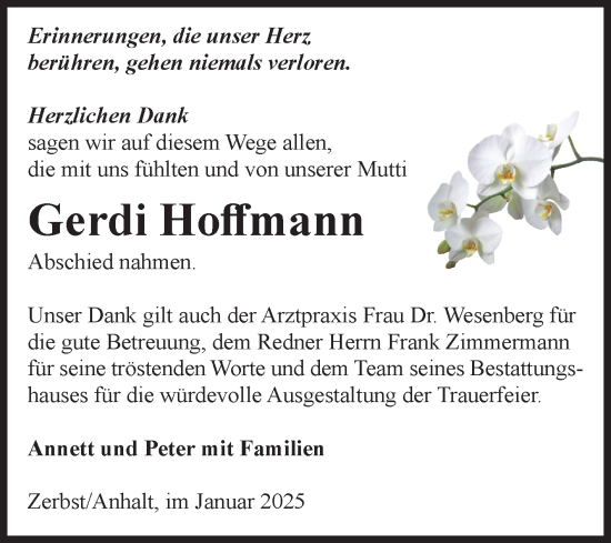 Traueranzeige von Gerdi Hoffmann von Volksstimme Zerbst