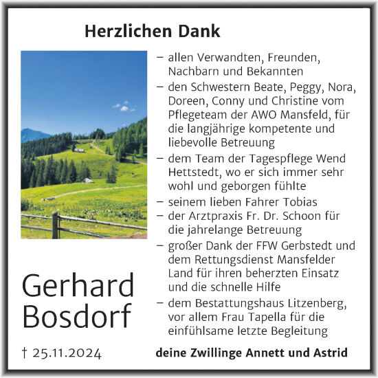 Traueranzeige von Gerhard Bosdorf von Trauerkombi Mansfelder Land