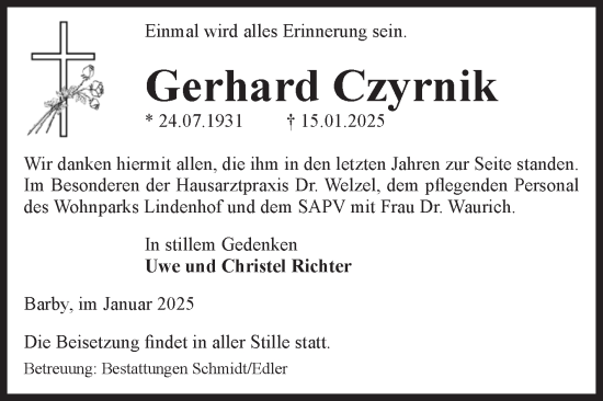Traueranzeige von Gerhard Czyrnik von Volksstimme Schönebeck