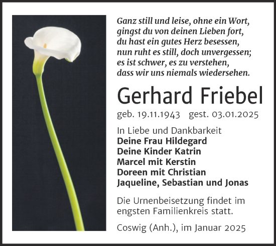Traueranzeige von Gerhard Friebel von Trauerkombi Wittenberg