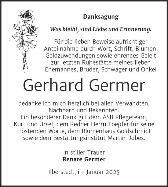 Traueranzeige von Gerhard Germer von Trauerkombi Bernburg