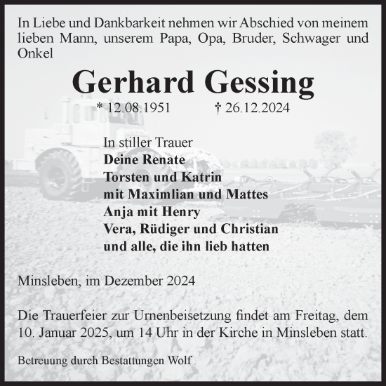 Traueranzeige von Gerhard Gessing von Volksstimme Wernigerode