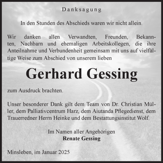 Traueranzeige von Gerhard Gessing von Volksstimme Wernigerode