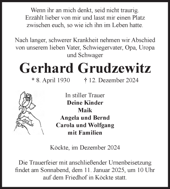 Traueranzeige von Gerhard Grudzewitz von Volksstimme Altmark Ost