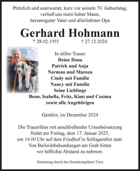 Traueranzeige von Gerhard Hohmann von Volksstimme Burg/Genthin