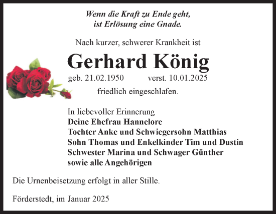 Traueranzeige von Gerhard König von Volksstimme Staßfurt
