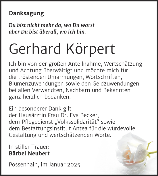 Traueranzeige von Gerhard Körpert von Super Sonntag Naumburg/Nebra