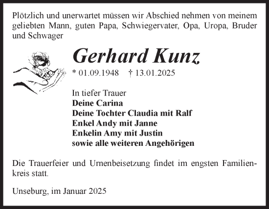 Traueranzeige von Gerhard Kunz von Volksstimme Staßfurt