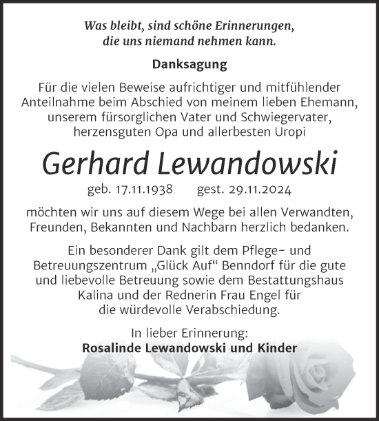 Traueranzeige von Gerhard Lewandowski von Trauerkombi Mansfelder Land